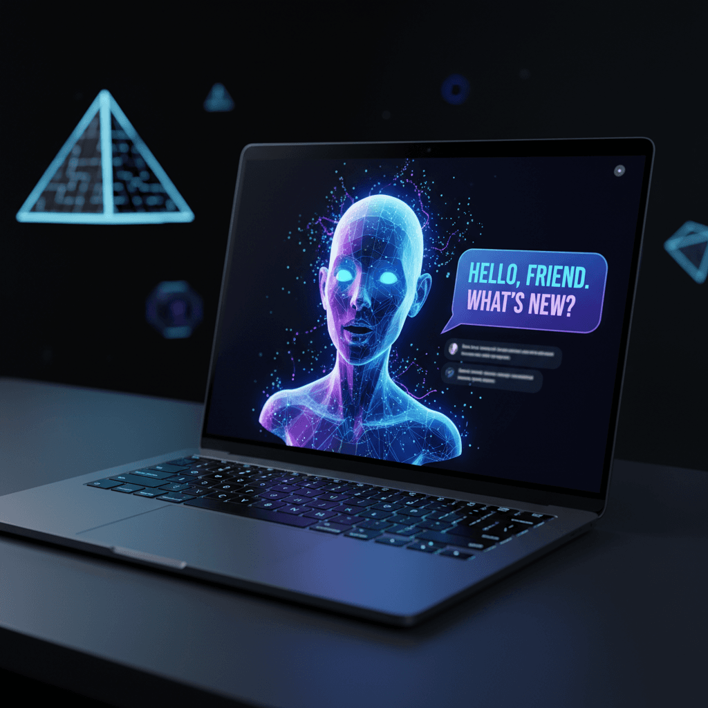 3D AI avatar in interactive chat interface on laptop screen