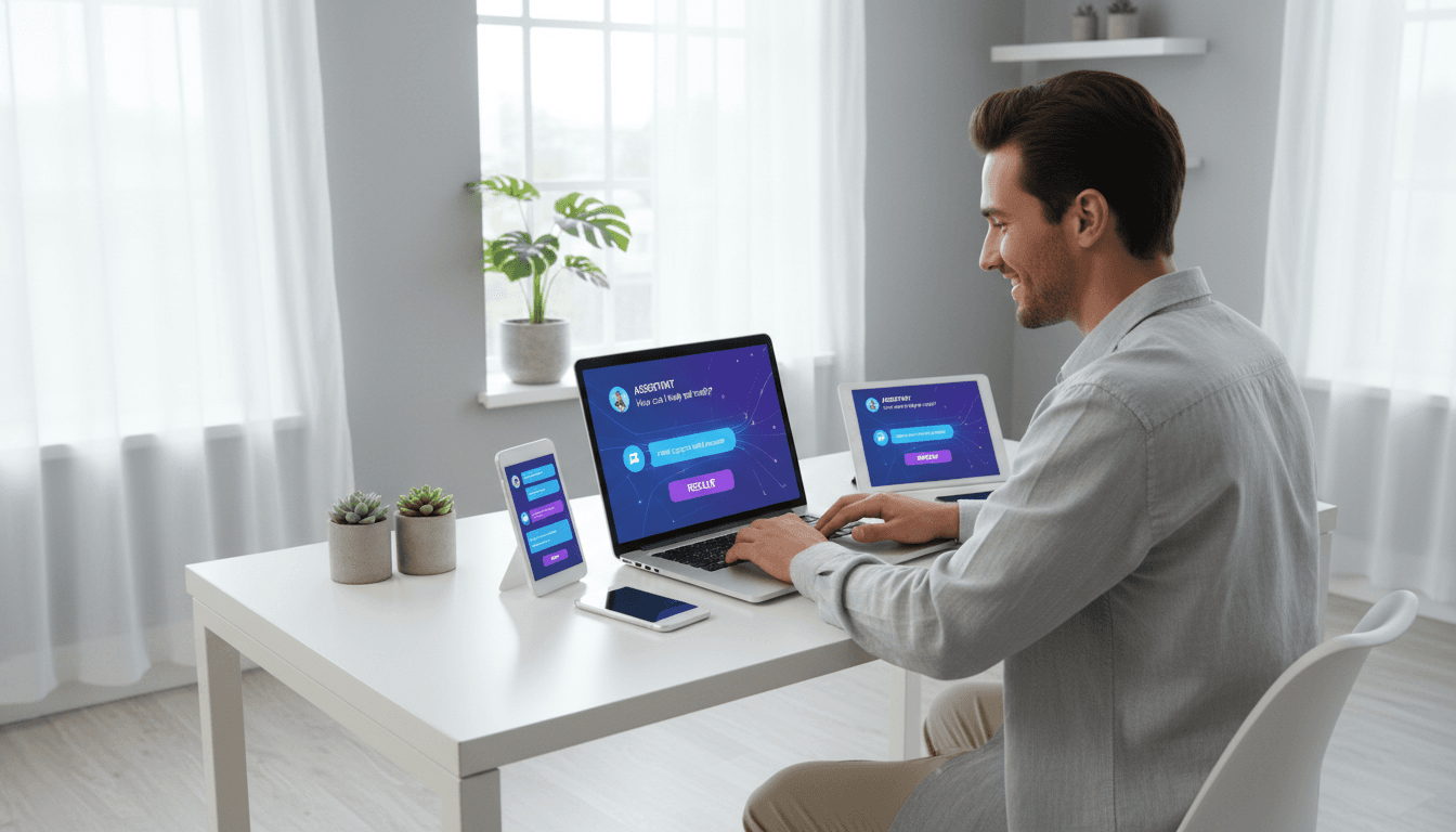 3D AI chat interface displayed on desktop monitor in modern workspace