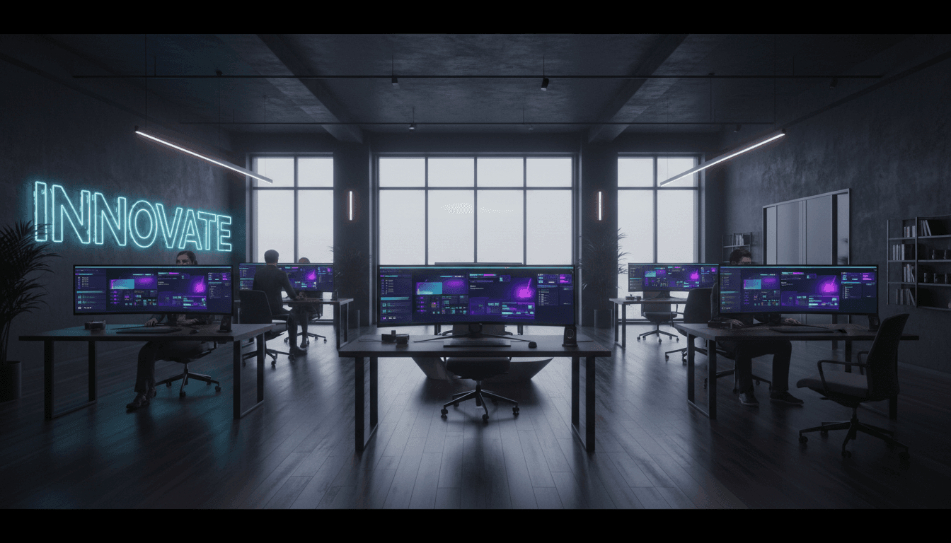 Developer workspace with 3D AI chat interface prototype on monitors