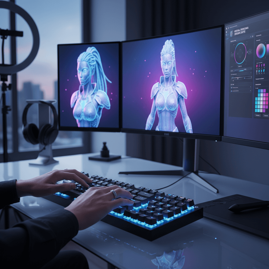 Character creation interface with avatar designer and real-time 3D preview