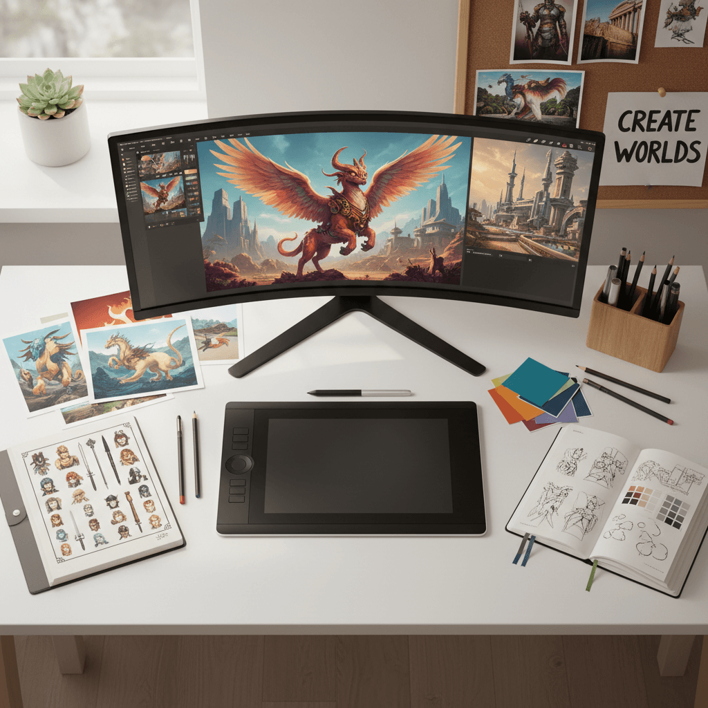 Creative concept art boards showing fantasy, sci-fi, and modern roleplay scenarios